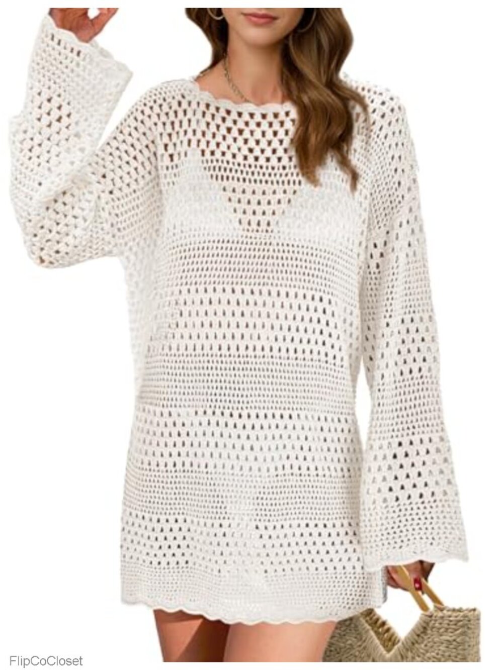 Womens Crochet Swimsuit Cover Up Long Sleeve Mini Beach Dress Vacation